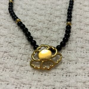 VINTAGE TRIFARI necklace black & gold tone beads gold tone 'pendant' 15" long